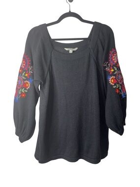 The Pioneer Women Black Embroidered Sleeve Peasant Top Size M Western Boho